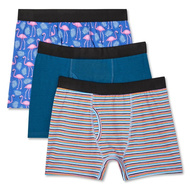 George Caleçons Boxeurs pour Hommes, Lot de 3, Comprend Trois Paires de Caleçons Boxeurs en Tricot Coton-Spandex avec une Grand Ceinture Noire Anti-Roulement. Comprend une Paire avec Imprimé Flamant Rose et Feuille sur Bleu, une Paire Unie Sarcelle, et une Paire à Rayures Multicolores. Coutures Plates Empêchent les Frottements et les Surpiqûres pour un Confort et une Durabilité au Quotidien. Lavable à la Machine et Convient au Port Quotidien.
