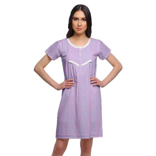 Moomaya Chemise de Nuit Imprimée Manches Courtes en Coton Col en Dentelle pour Femmes