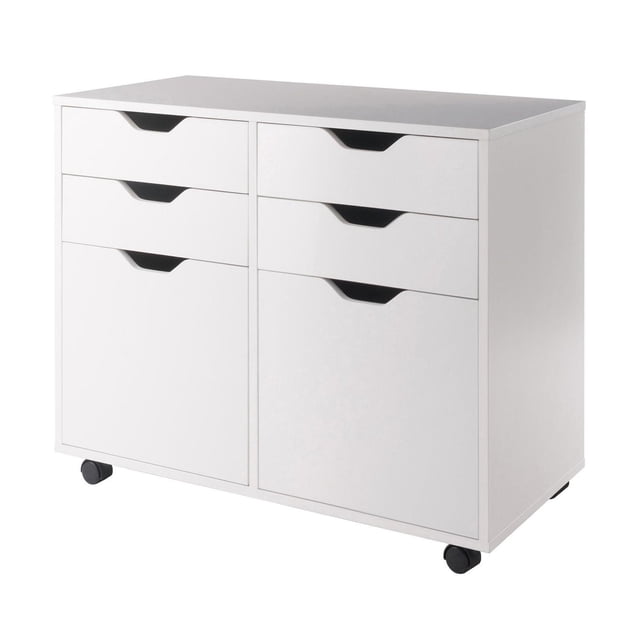 Winsome Halifax 2 Section Mobile Storage Cabinet in white with four gliding drawers and two spacious cabinets, featuring cut-out handles and six wheels including two locking casters for mobility and secure placement, ideal for garage storage and home organization.