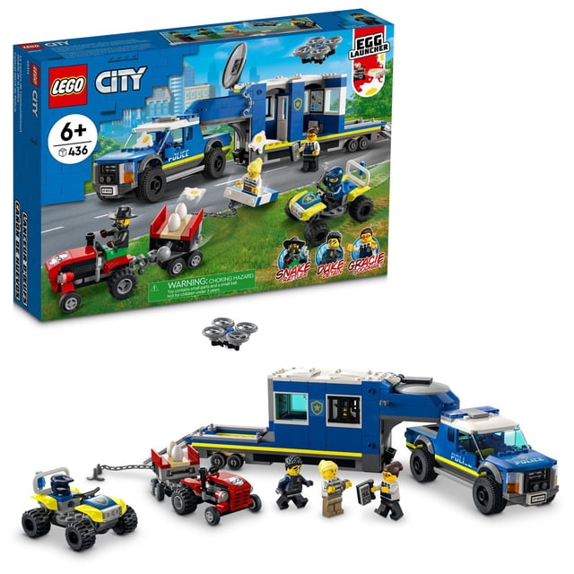 LEGO City Police Mobile Command Truck 60315 Toy Building Kit featuring a blue police pickup truck with a mobile command trailer including a jail, a red crooks' tractor with an egg-splat launcher trailer, a yellow and blue ATV, a drone, and four minifigures including Duke DeTain, Gracie Goodhart, and Snake Rattler, ideal for creative play for kids aged 6 and up.
