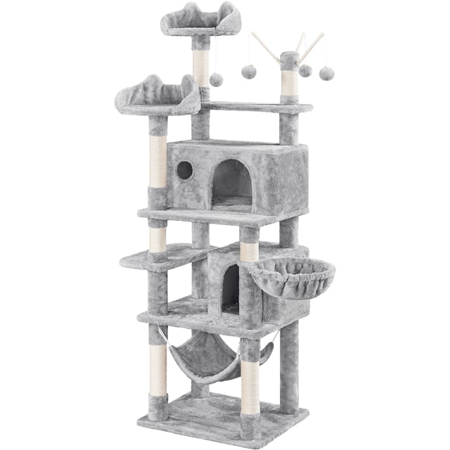 Yaheetech 67" H Multi Level Cat Tree with 2 Cat Condos and 1 Hammock in light gray. This large cat tree features multiple levels, two spacious condos, a hammock, a basket, and two top perches with cat-ear accents. It includes three detachable teaser sticks with hanging balls for interactive play. Made of CARB P2-compliant particleboard, soft plush, and durable sisal rope, it offers a cozy and sturdy activity center for cats. Dimensions: 22″ L × 18″ W × 67″ H.