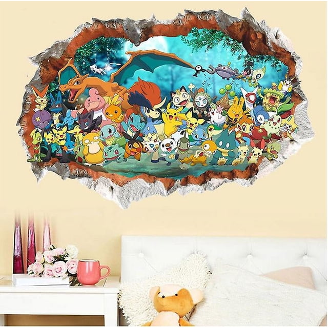 Pokemon Wall Sticker Go 3d Cartoon Self-adhesive Wallpaper Decals designed with colorful Pokemon characters in a forest scene, creating a playful and imaginative atmosphere for kids' rooms. The 3D torn wall effect adds depth to nursery or bedroom decor. Made from eco-friendly PVC material, it is removable, repositionable, and easy to apply on smooth surfaces.