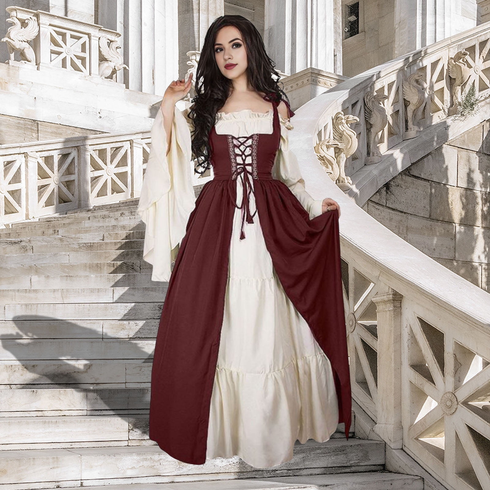 medieval ladies dress 1 Set Women Shirring Edge Square Neck Tight Waist Flowy Sleeves Lace-up Patchwork Vintage Renaissance Court Loyal Halloween Costume Maxi Dress Mystical Auditorium