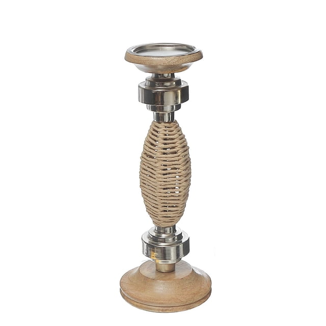 Oval Raffia Metal Pillar Candlestick 13.25" featuring a woven raffia oval pillar with metal accents and a wooden base and top in rich brown, designed to hold large pillar candles and enhance home décor with a natural, warm touch.