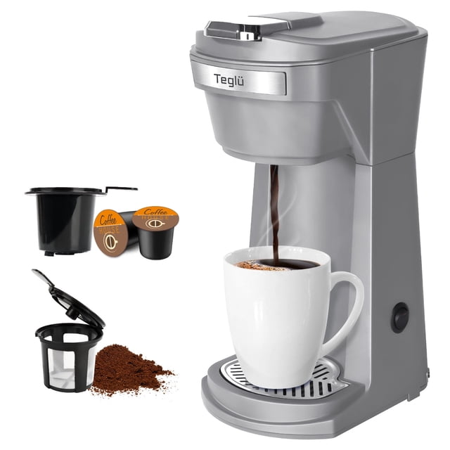 2 in 1 Single Serve Coffee Maker for K Cup Pods & Ground Coffee, Mini K Cup Coffee Machine with 6 to 14 oz Brew Sizes, Single Cup Coffee Brewer with One-Press Fast Brewing, Reusable Filters,Grey