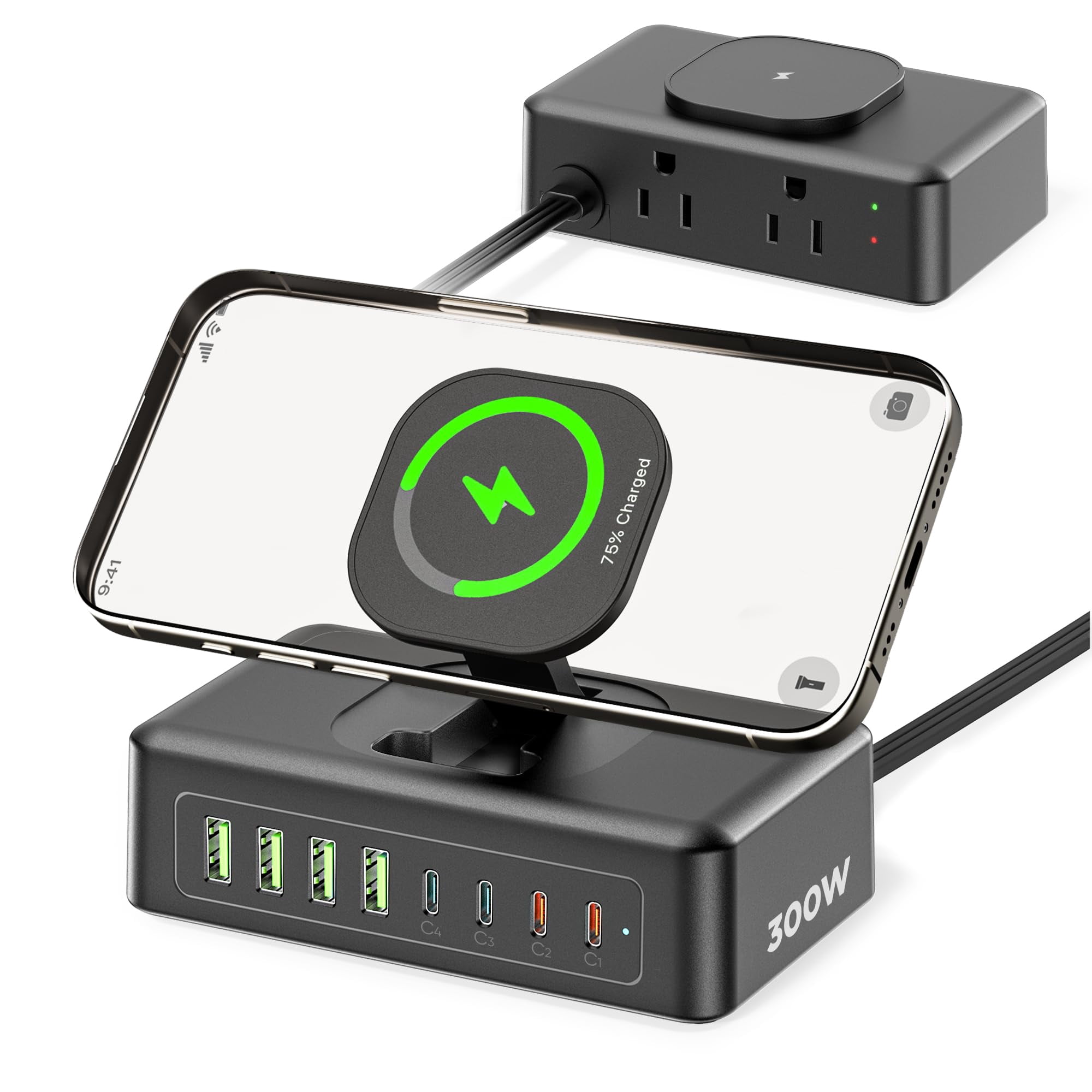 11-in-1 Charging Station USB-C Power Strip, 300W USB C Charger Block, 2AC Outlets 8USB Ports(4USB-C) Surge Protector, 5FT Flat Plug Extension Cord, P
