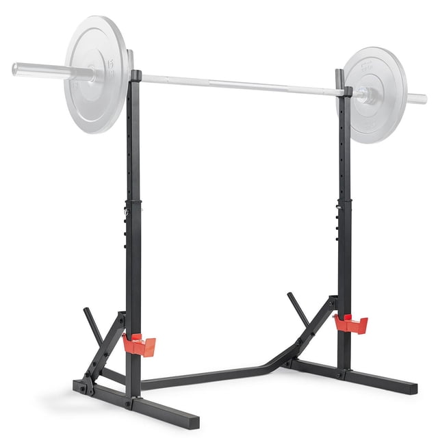 Sunny Health & Fitness Multifunctional Adjustable Bench Press Squat Rack with a black steel frame and red safety hooks, holding a silver barbell with 15 lb weight plates on each side, designed for versatile strength training including squats, presses, and deadlifts.