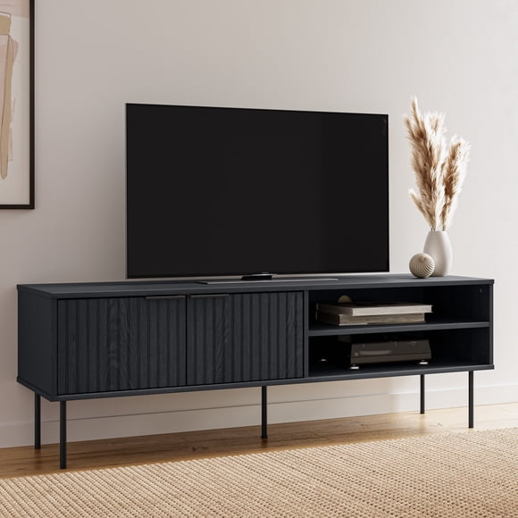 CorLiving Lysander Fluted Engineered Wood TV Stand for Most TVs up to 75" with Cabinet Space and 3 Shelves, Black