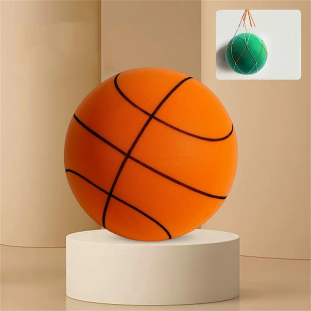 NAOJIE 2025 Upgrade Silent Basketball, an 8.2-inch orange basketball with a solid color design and black lines, displayed on a white pedestal. Made from high-quality polyurethane, it features a velvety texture for reduced noise during play. Includes a no-punch basket set, suitable for indoor use in homes, classrooms, or offices. Inset image shows the basketball stored in a green net bag.