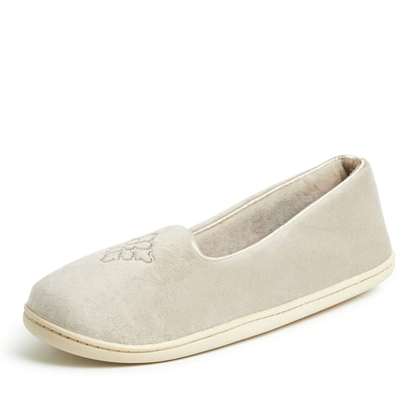 Dearfoams Pantoufle pour Femmes Rebecca Légère et Confortable en Mousse Mémoire à Dos Fermé avec Largeurs Larges, Velours Étain, 7-8