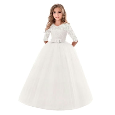 EGNMCR Sleeveless Round-Neck Dress Kids Girls Vintage Flower Lace 3/4 Sleeves Formal Wedding Party Dance Dress Girl Dress