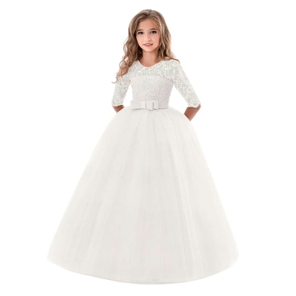 EGNMCR Sleeveless Round-Neck Dress Kids Girls Vintage Flower Lace 3/4 Sleeves Formal Wedding Party Dance Dress Girl Dress