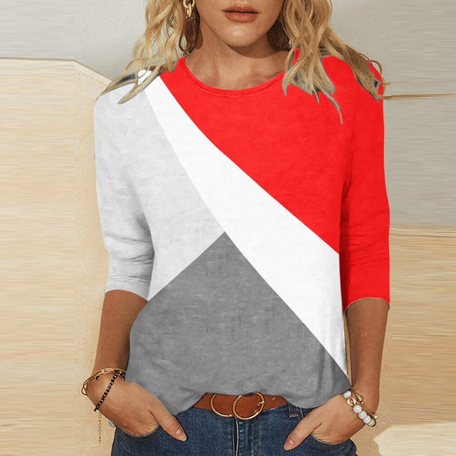 TIMIFIS Hauts pour Femmes Mi-Long Printemps Automne Imprimés Manches 3/4 Hauts Mode Grande Taille Col Ras du Cou T-Shirts Décontractés Blouses Chemises à Manches Longues pour Femmes Automne