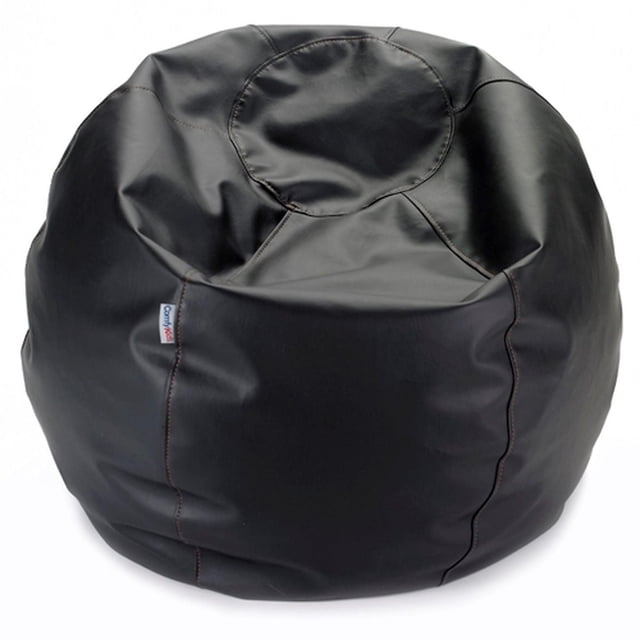 ComfyKids® Bean Bag Chair for Teens in black faux leather with brown double-stitched seams and a round top panel, offering lightweight, durable seating ideal for kids' rooms, play areas, and casual lounging.