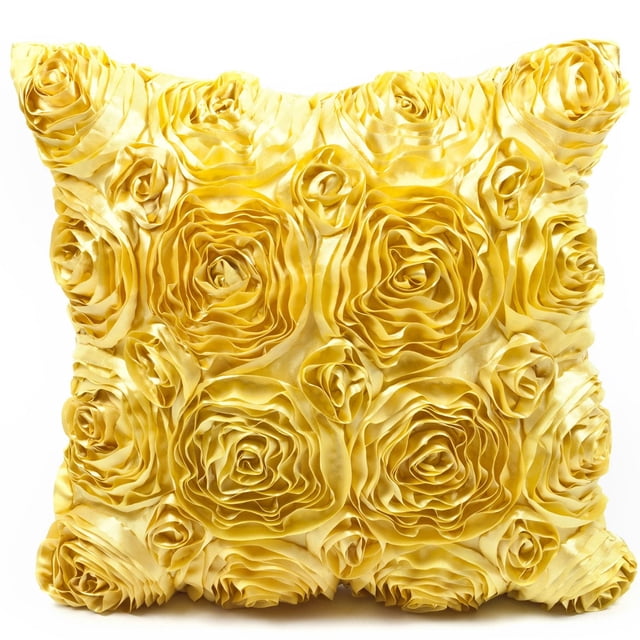 Gouchee Home Rose Cushion in yellow satin fabric featuring handcrafted three-dimensional blossomed roses on a 16 by 16 inch square throw pillow, filled with Canadian polyester fiber and equipped with a zipper closure for easy shell removal, often used as a decorative accent for sofas or beds.