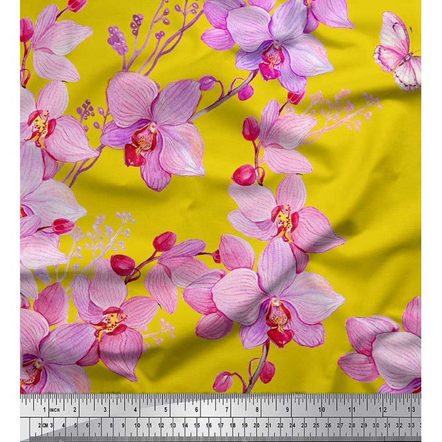 Soimoi Modal Satin Fabric Bird & Orchids Flower Print Sewing Fabric Yard 42 Inch Wide