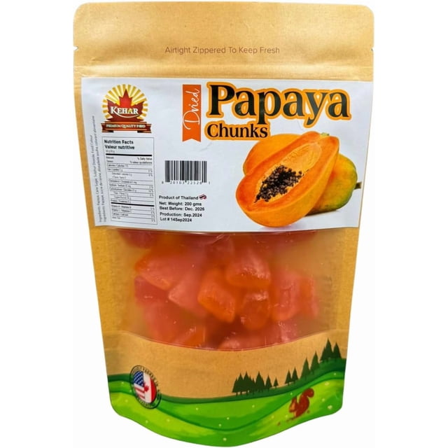 AL PREMIUM KFI Papaya Chunks in a 200g resealable pouch. The packaging features a transparent window displaying vibrant orange dried papaya chunks, with a label showcasing an image of fresh papaya and nutritional information. Ideal for snacking, baking, or adding to cereals and trail mixes.