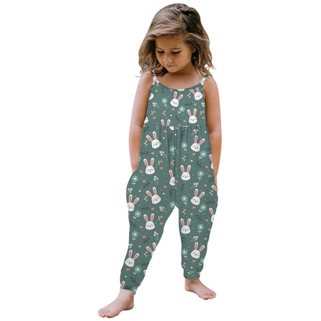 EGNMCR Rompers for Kids Toddler Baby Girl Jumpsuits Summer Printing Strap Romper Pants With Pockets Kid Rompers