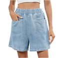 thumbnail image 1 of Olyvenn Women's Denim Shorts, Elastic Wasit Mid Rise Loose Fit with 2 Front Pockets, Stretchy Jeans Short Pants Light Blue L, 1 of 5