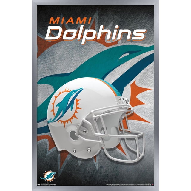 NFL Miami Dolphins - Affiche Murale Casque 18, 14,725 Po x 22,375 Po Encadrée Montrant un Casque de football Blanc avec le logo des Miami Dolphins d'Un Dauphin Sarcelle Bondissant à Travers un Rayon de Soleil orange, sur Fond Texturé avec un Grand Dauphin Sarcelle et un Graphique d'Éclat de Soleil orange, Convient à la Déco de Chambre à Thème Sportif.