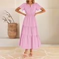thumbnail image 4 of Meichang Robes Midi d'Été pour Femmes à Manches Courtes, Encolure en V Fendue, Taille Plissée, Robe Trapèze, Évasée, Décontractée, à Étages, Longue, Robes d'Invitée de Mariage, 4 of 9