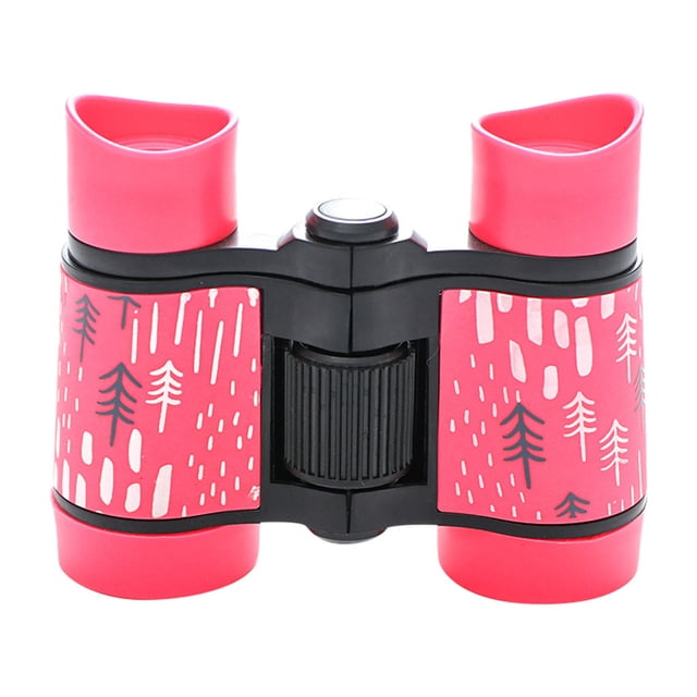 4X30 Binoculars Shockproof Rubber Mini Lightweight for Kids, featuring a pink and black design with tree patterns on the sides. These binoculars have a 4X magnification for long-distance viewing and are made with a durable rubber coating for shock resistance. The compact size and adjustable focus make them suitable for children, promoting exploration and outdoor activities. Ideal for bird watching, camping, and backyard adventures.
