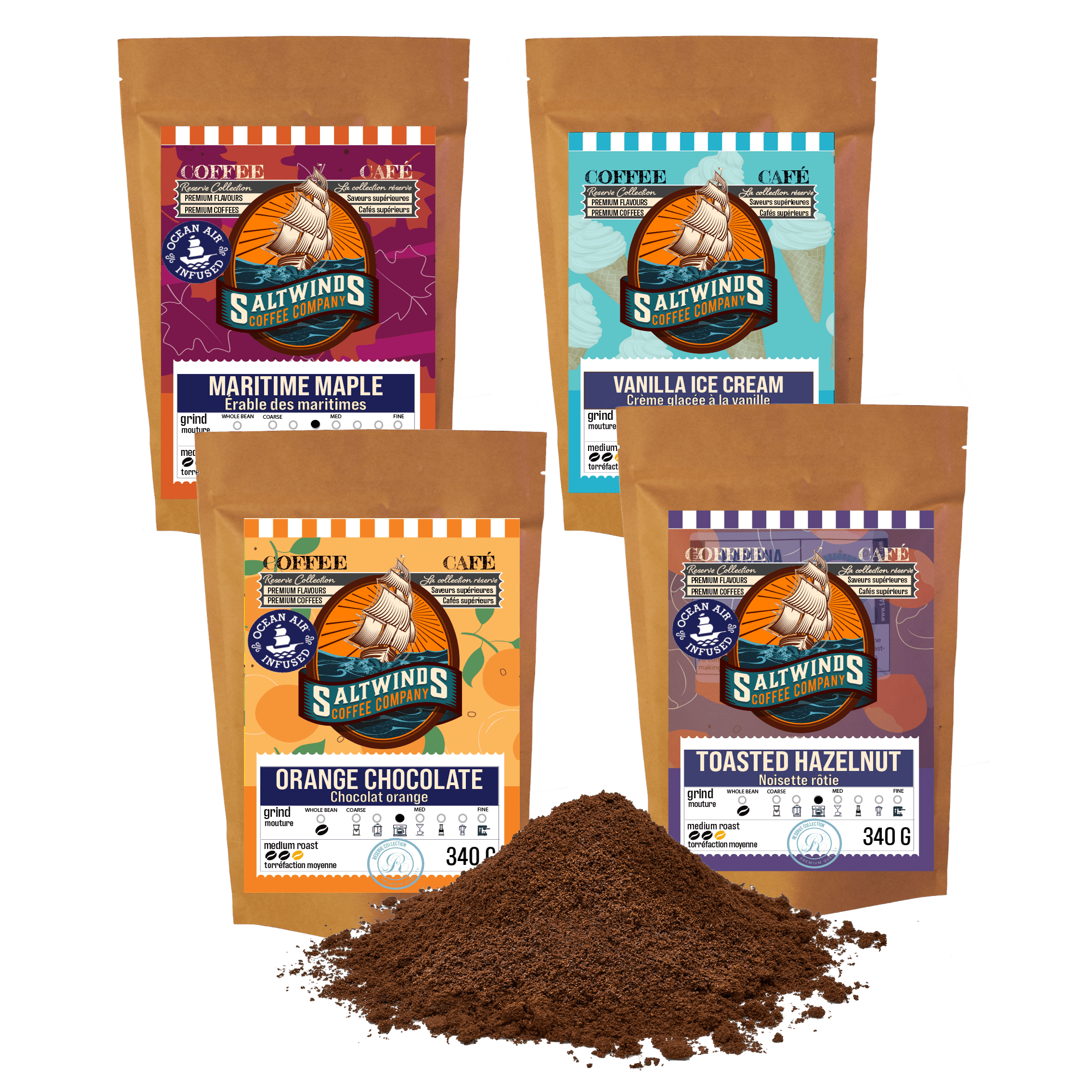 Traditional Flavours Coffee Bundle (4 × 340 g Ground) | Ocean Air Infused | Maritime Maple, Vanilla Ice Cream, Orange Chocolate & Hazelnut