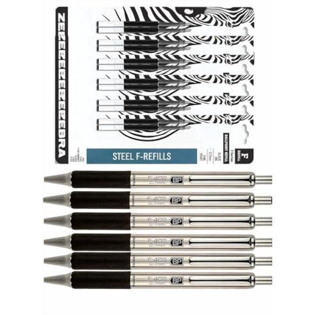 Zebra F-402 Stylos à Bille Rétractables en Acier Inoxydable avec Recharges, Pointe Fine, 0,7 mm, Encre Noire, Lot de 12 avec Pochette Réutilisable en Plastique