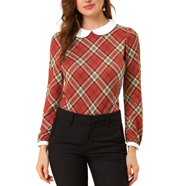 Unique Bargains Chemise à Carreaux Manches Longues Contrastées Col Peter Pan pour Femmes