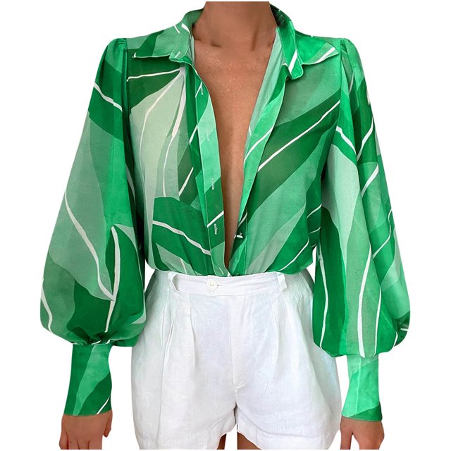 IROINID Dégagement Femmes Long Sleeve V-Cou Shirts Été Imprimer Bouton Rabattable Col Tops Blouse Pull-Over, Menthe Green