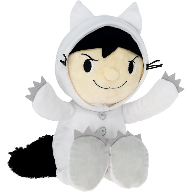 Kids Preferred Où Sont les Choses Sauvages Peluche 14 Pouces Max Animal en Peluche avec Pieds Froissés, Fond Rempli de Fèves et Capuchon Amovible Montrant un Jouet en Peluche Orienté vers l'Avant dans une Tenue à Capuchon Blanche avec Oreilles de Chat, Cheveux Noirs, Yeux et Bouche Brodés, Détails de Griffes Gris sur les Mains et les Pieds, et une Queue Noire, Idéal pour les fans et les Collectionneurs du Livre d'Histoires Classique.
