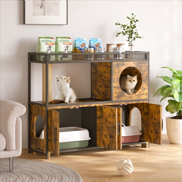 YODOLLA Double Litter Box Enclosure for 2 Cats with Storage and Scratching Post, Rustic Brown