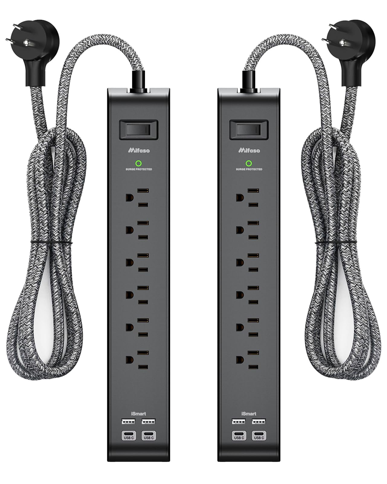 2 Pack-12FT Long Power Bar Surge Protector - with 6 Outlets 4 USB Ports, Heavy-Duty Braided Extension Cord, Flat Plug, 9