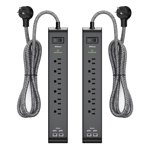 2 Pack-12FT Long Power Bar Surge Protector - with 6 Outlets 4 USB Ports, Heavy-Duty Braided Extension Cord, Flat Plug, 9