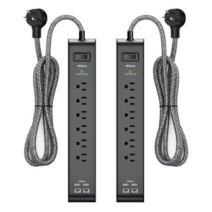 2 Pack-12FT Long Power Bar Surge Protector - with 6 Outlets 4 USB Ports, Heavy-Duty Braided Extension Cord, Flat Plug, 9