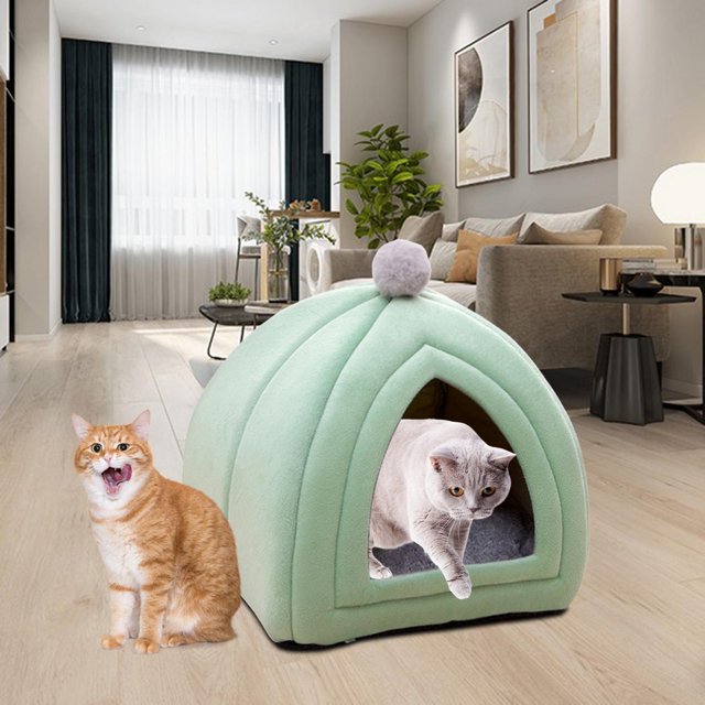 Lit pour Chat Mignon en Velours Semi-Fermé Niche pour Chien Chiot Chenil Sofa Chaud Confortable Vert
