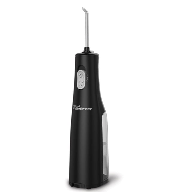 Waterpik Cordless Express Black Water Flosser with a black body and clear 5-ounce water reservoir, silver dual-pressure control button, and angled stainless steel tip, battery-operated and waterproof for portable water flossing in shower or travel.