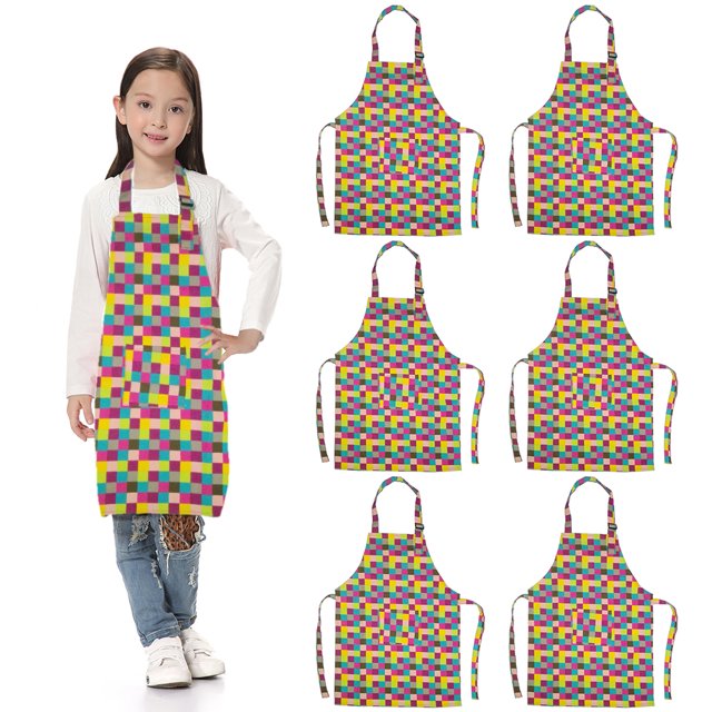 TOPTIE 6 Pack Kids Aprons with Pocket & Adjustable Strap, Child Chef Bib Apron for Kitchen Cooking Baking Painting-Grid-M
