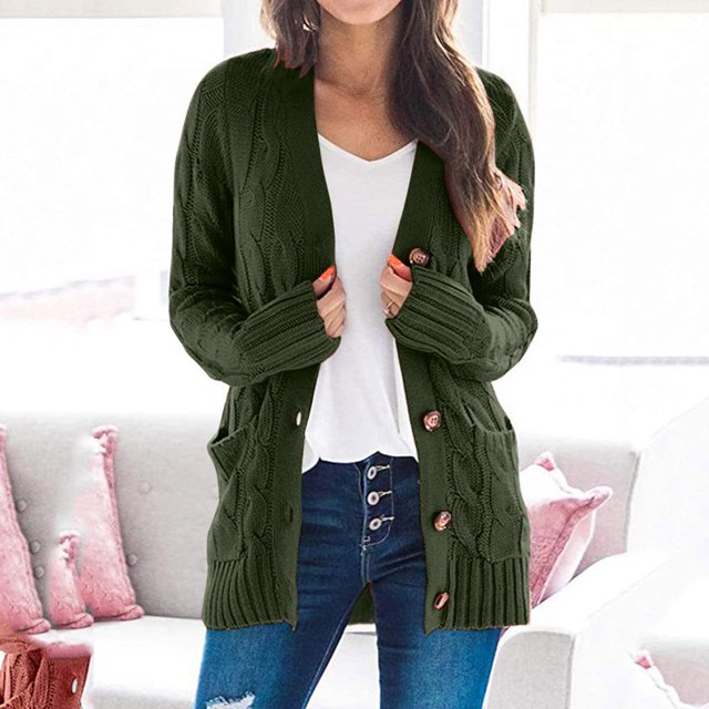 Women Winter Sweater Cardigan Long Sleeve Open Front Button Down Knitwear Coat With Pocket