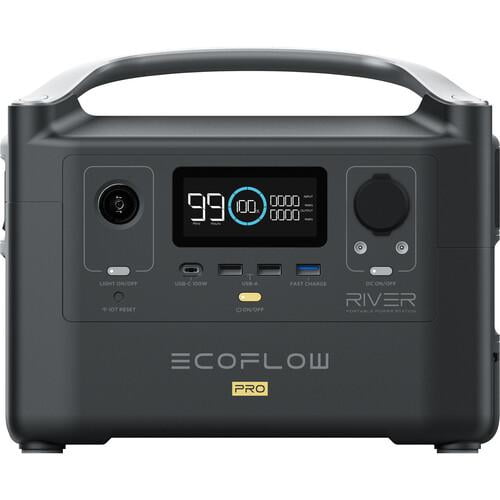 EcoFlow RIVER Pro Portable Power Station with 720Wh capacity, designed for outdoor adventures and home backup power. Features three 120V pure sine AC outlets, multiple USB ports including Type-C and fast-charge Type-A, and a cigarette lighter-style DC socket. Compact design with LCD display showing charge status and battery power.