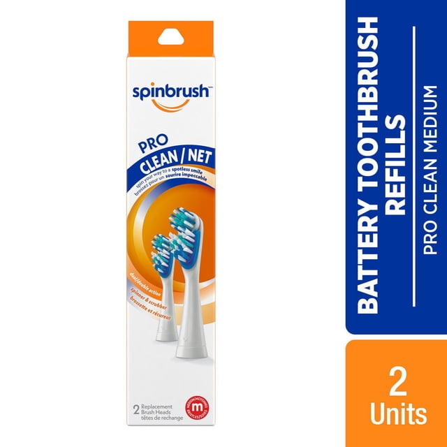 Spinbrush PRO CLEAN Replacement Brush Heads Medium with dual-action spinning and side-to-side brushing technology, micro-cleaning bristles, and green color-wear indicators, includes 2 medium replacement heads for battery toothbrush refills.