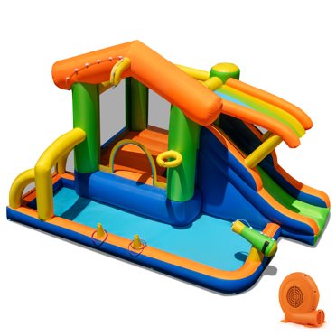 Costway Parc Aquatique Multifonction 8-en-1 avec Glissade avec Mur d'Escalade, Canon à Eau avec Souffleur 520 W