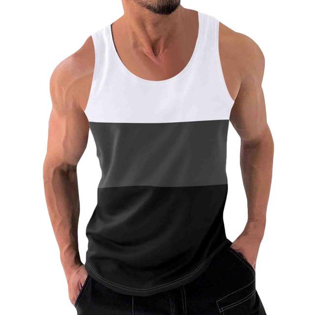 Styesk Tank Tops Men Men Casual Fashion Patchwork Pullover Round Neck Sports Tank Tops. This sleeveless men's tank top features a patchwork design with a round neckline and a gradation print in black, grey, and white. Made from polyester, it is lightweight and breathable, ideal for summer, outdoor activities, or casual daily wear. The tailored fit enhances comfort and style.