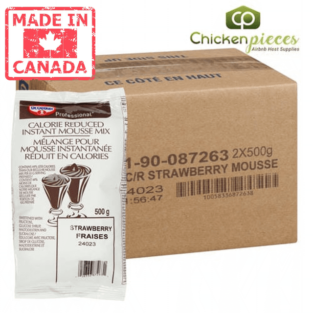 Oetker Mousse Mix Strawberry Reduced Calorie 500g/1.10lbs (2/Case), a professional-grade baking mix for creating calorie-reduced strawberry mousse desserts. The image displays a 500g pouch with product details and a cardboard case labeled 'Made in Canada,' ideal for chefs and caterers.