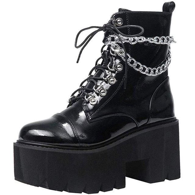 Bottes à Plateforme Gothiques à Chaîne pour Femmes, à Lacets, à Talon Épais, Cloutées, Style Combat, Bottillons de Moto