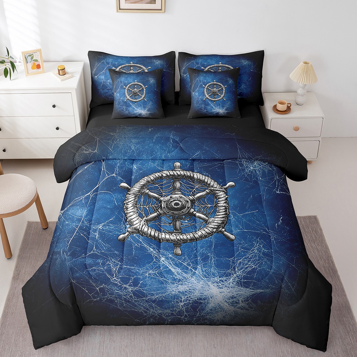 Nautical Rudder King Bedding Set 7 Pieces,Mystic Spider Web Trippy Blue Black Comforter Set with Sheets for Kids,Navigation Ocean Adventure Theme Psychedelic Bed Set in a Bag with Pillow Covers