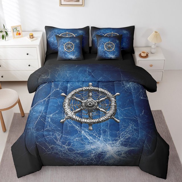 Nautical Rudder King Bedding Set 7 Pieces,Mystic Spider Web Trippy Blue Black Comforter Set with Sheets for Kids,Navigation Ocean Adventure Theme Psychedelic Bed Set in a Bag with Pillow Covers