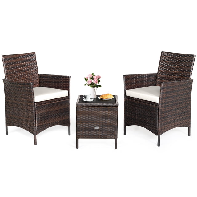 Patiojoy 3 Pieces Patio Rattan Conversation Furniture Wicker Chairs with Coffee Table & Cushions White