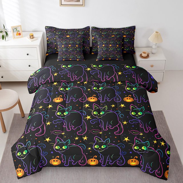 YST Ensemble de Literie Chat Noir, 7 Pcs, Thème Halloween, Grand