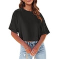 thumbnail image 3 of BVOFAR T-Shirts Décontractés à Manches Mi-Longues pour Femmes Épaules Tombantes Col Rond Crop Tops Été Couleur Unie Tees 2025, 3 of 7